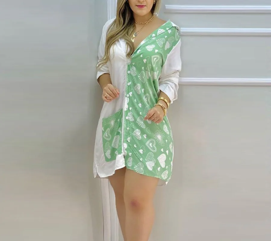 

Dress Women Elegant Fashion Patchwork Autumn Office Casual Loose Print Turn-down Collar Long Sleeve Mujer De Moda Vestidos
