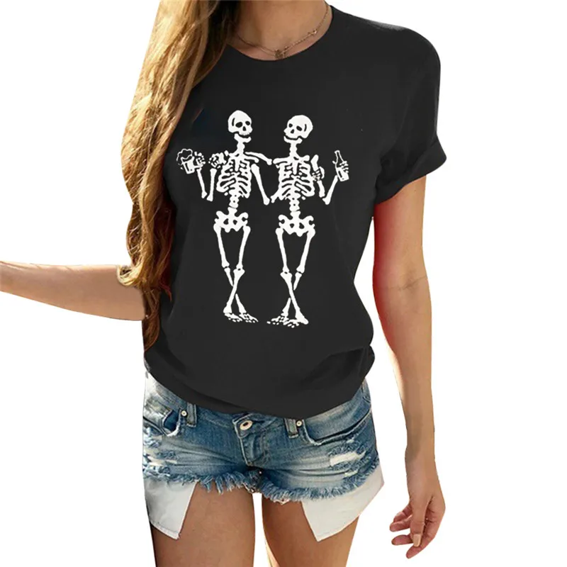 

Cartoon Skull Print Women T Shirt Vintag Streetwear Tees For Womens Casual O-Neck Short Sleeve Harajuku Summer Female T-shirts