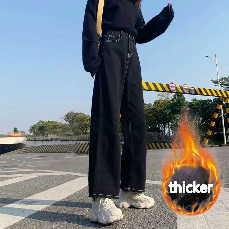 

Джинсы женские утепленные в готическом стиле, винтажные брюки полной длины с карманами, штаны с высокой талией, уличная одежда для подростк...