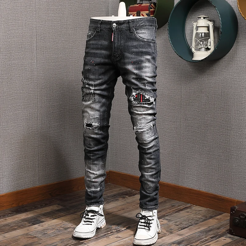 Street Fashion Men Jeans Retro Black Gray Elastic Slim Fit Ripped Jeans Men Printed Designer Destroyed Patch Hip Hop Denim Pants