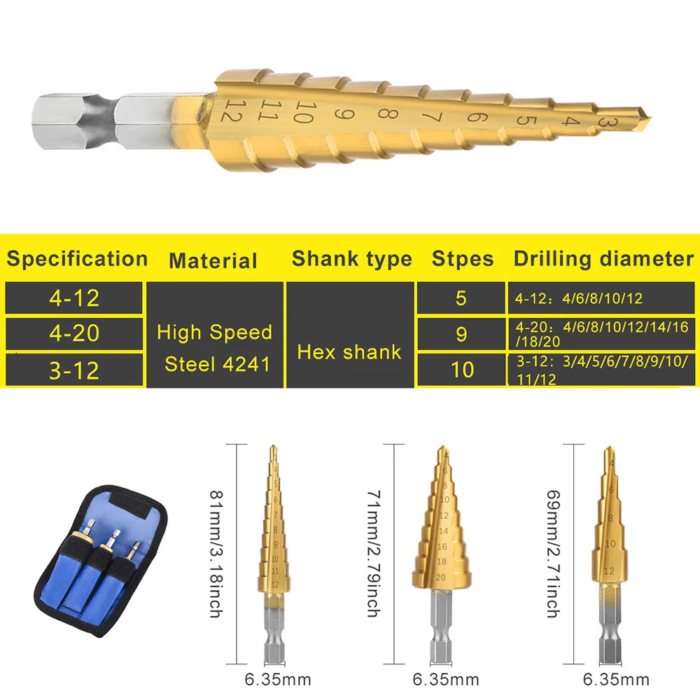 

3Pcs/set 3-12mm 4-12mm 4-20mm HSS Straight Groove Step Drill Bit Titanium Coated Wood Metal Hole Cutter Core Drilling Tools Set
