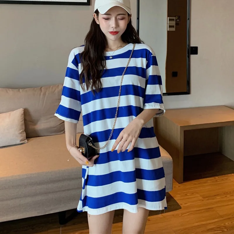 2019 летнее платье женское модное свободное пляжное в полоску с коротким рукавом и