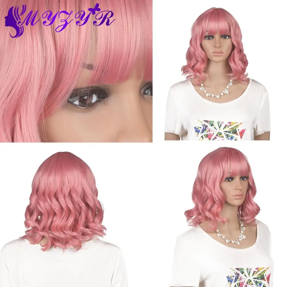 

ZYR 16 inches Medium Soft Loose Wave Wig with Bangs Pink Wigs High Temperature Fiber For Women Synthetic Naturally Realist Wigs