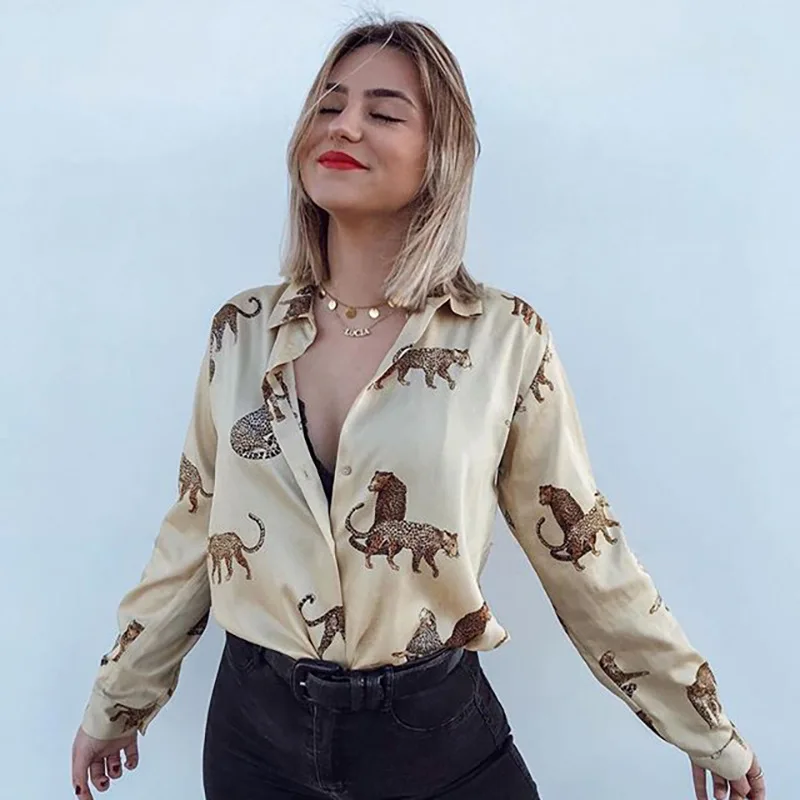 

European and American spring new chiffon animal print long-sleeved ladies shirt