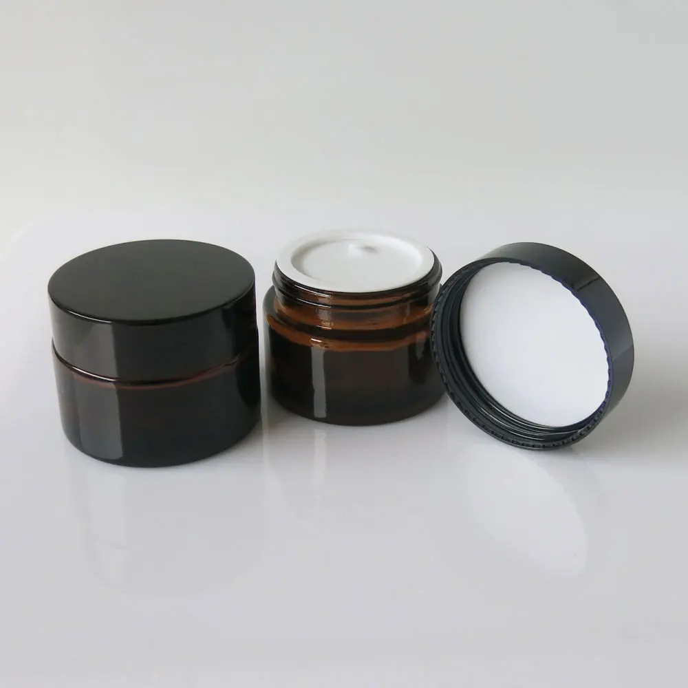 

12 x 20g Empty Amber Make Up Glass Jar With Black Plastic Cap white seal 20cc Brown Cream Cosmetic Containers Packaging
