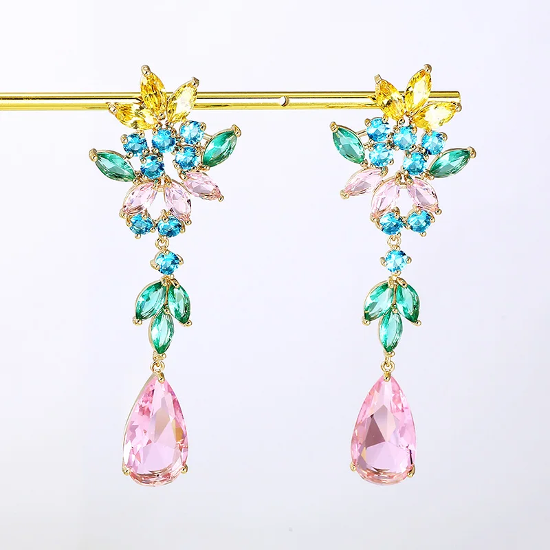 Pink Разноцветные серьги с цветком из циркона Большие капли воды камень кулон Висячие Серьги Красивые свадебные ювелирные изделия XIUMEIYIZU бренд - Окраска металла: Pink