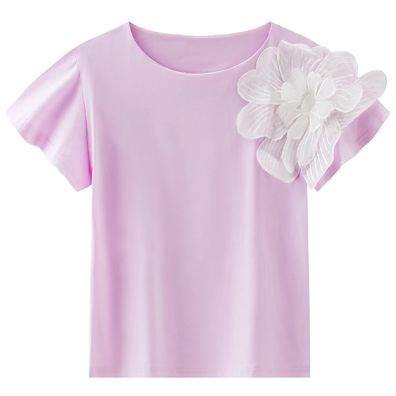 

Summer Flower Tshirt New Fashion Handmade Floral Shoulder Three-Dimensional Decoration T-shirt Female College Style Sweet Tops
