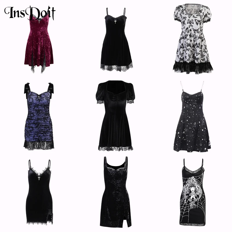 InsDoit Mall Gothic Velvet Summer Dress Women Vintage Punk Grunge Lace Sexy Dress Harajuku Print Streetwear Y2K Aesthetic Dress