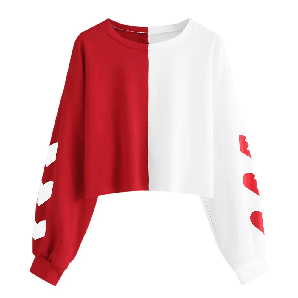 Heart Print patchwork Sweatshirt Women Long Sleeve Pullovers Sweatshirts Casual Short Tops Woman Streetwear Moletom Feminino | Женская