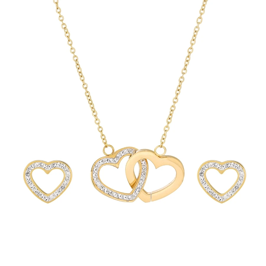 

Fashion lovely heart shape shine birthday gifts party gold plated crystal stainless steel jewelry set