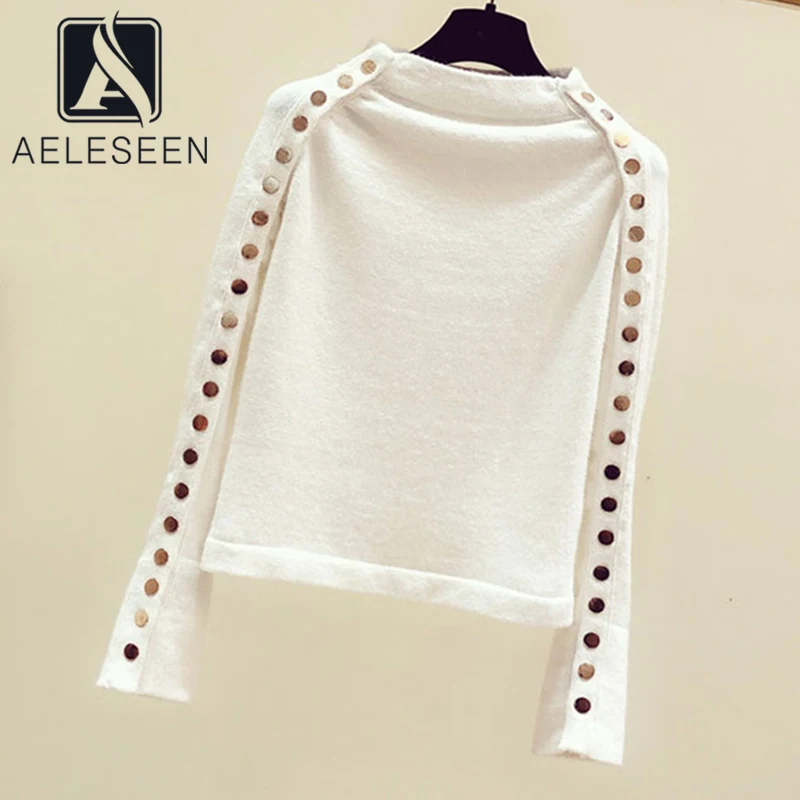 

Женский трикотажный свитер на пуговицах AELESEEN, черный/белый облегающий свитер с длинным рукавом, Осень-зима 2021