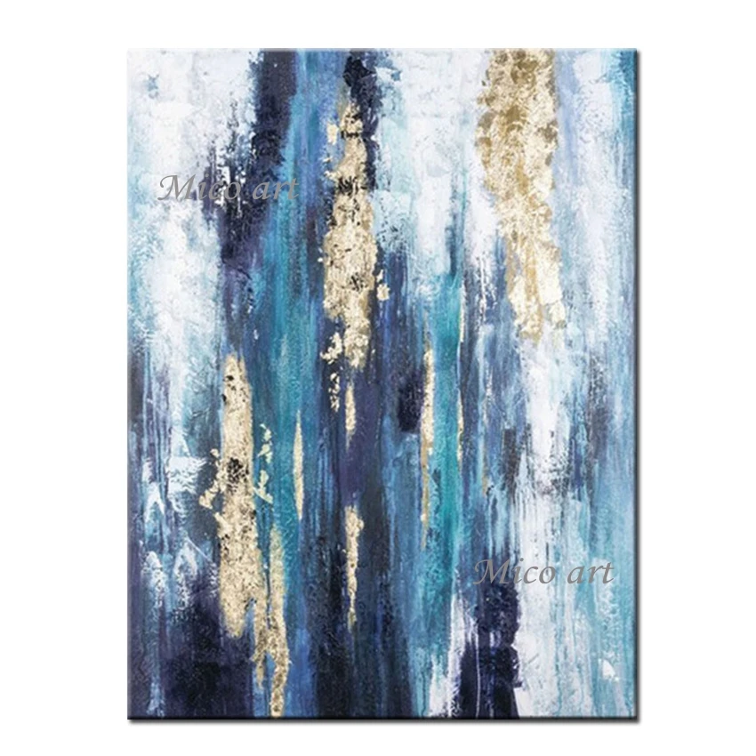 

Simple Abstract Blue Color Art 100% Hand Painted Canvas Gold Foil Oil Painting Wall Art Unframed Artwork High Quality Paintings