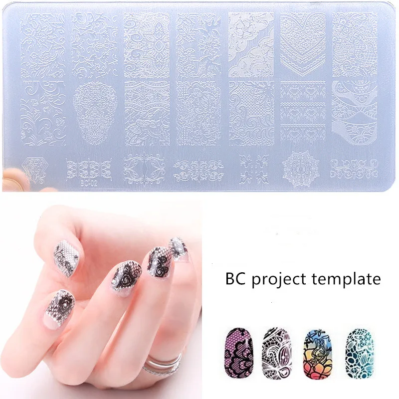 Шаблон для печати ногтей DIY Дизайн прямоугольного кружева синий шаблон