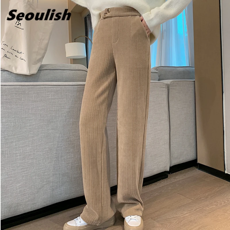 

Seoulish Autumn Winter Corduroy Women's Wide Leg Pants 2021 New High Waist Button Office Straight Loose Chic Pants Pocket