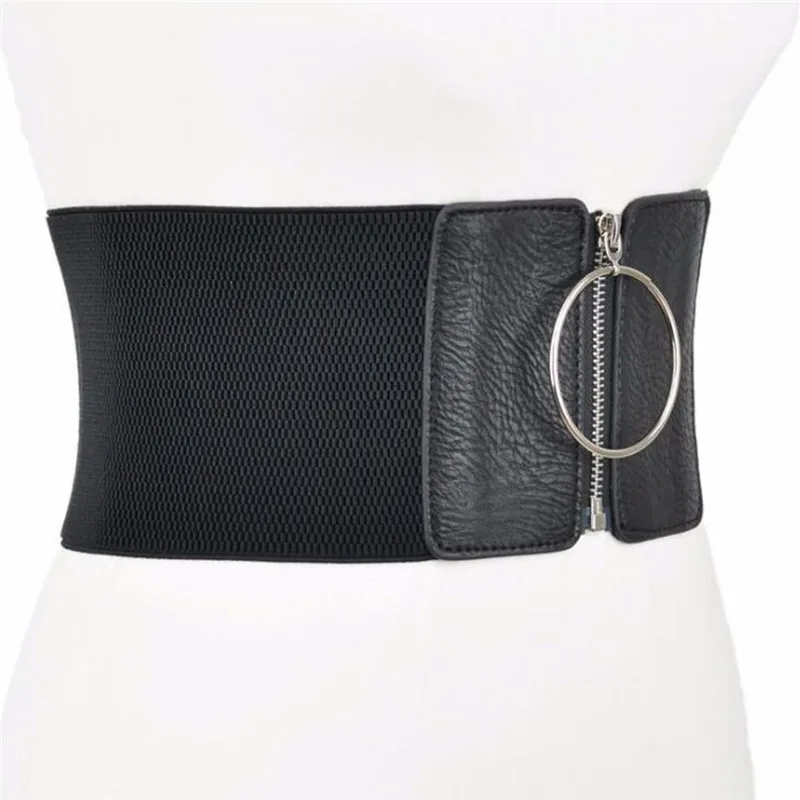 

Женский пояс с большим металлическим кольцом, черный пояс, Прямая поставка, женский ультра широкий пояс для платьев, женские эластичные рем...