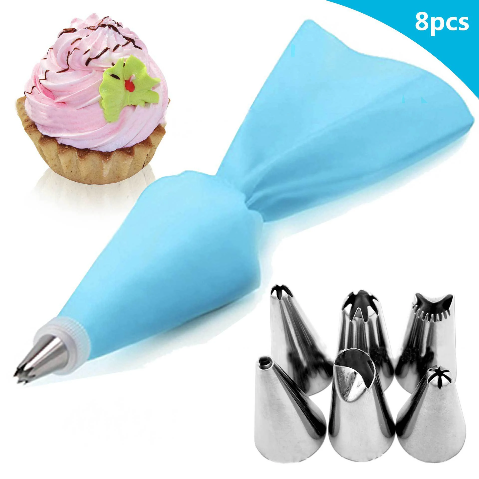 

8pcs Reusable Silicone Pastry Bag Tips Kitchen DIY Cake Icing Piping Cream Cookies Decorate Tool Pastry Bag+Stainless Nozzle