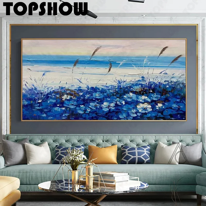 Большая оригинальная Абстрактная живопись с голубым небом и цветами Ручная