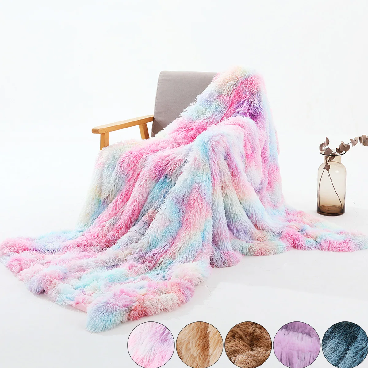 

New Tie Dye Reversible Shaggy Blanket Ombre Faux Fur Fluffy Warm Plush Unicorn Rainbow Crystal Velvet Throw Rug Baby Blanket P35
