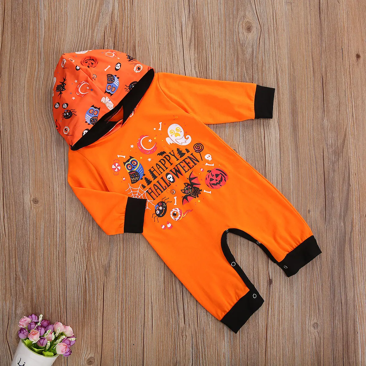 

OPPERIAYA Newborn Halloween Hooded Romper Long Sleeve Cartoon Pattern Print Conceal Bottom autumn casual Button Festive Clothes