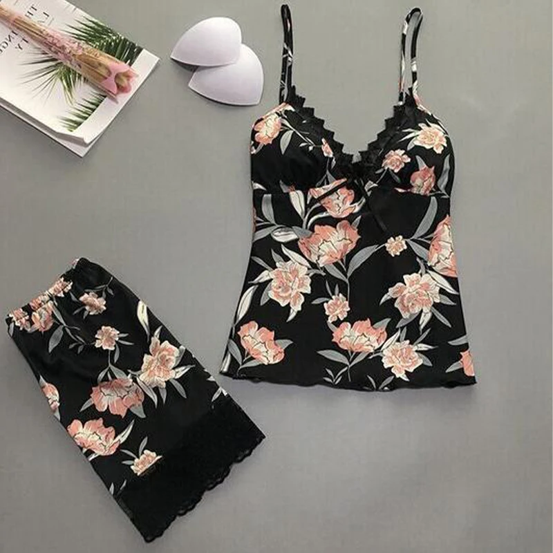 

Pajamas Set Summer Sexy Lingerie Sleepwear Women Lace Sling Print V Neck Two Piece Suit Homewear Fashion Female pijamas de mujer