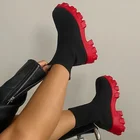 Женские короткие ботинки, Осень-зима 2021, красные, вязаные, на толстой подошве, большого размера