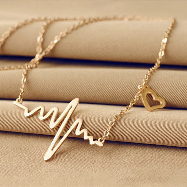 

Korean electrocardiogram necklace love heart shaped titanium steel heartbeat peach heart female pendant clavicle chain color gol