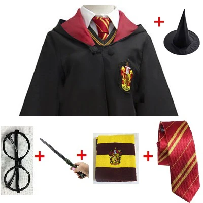 Gryffindor 6pcs set Костюм из Поттера, одежда, галстук, шарф, палочка, очки, шляпа Ravenclaw Gryffindor Hufflepuff Slytherin Potter, косплей, халат, плащ E2103AD - Цвет: Gryffindor 6pcs set
