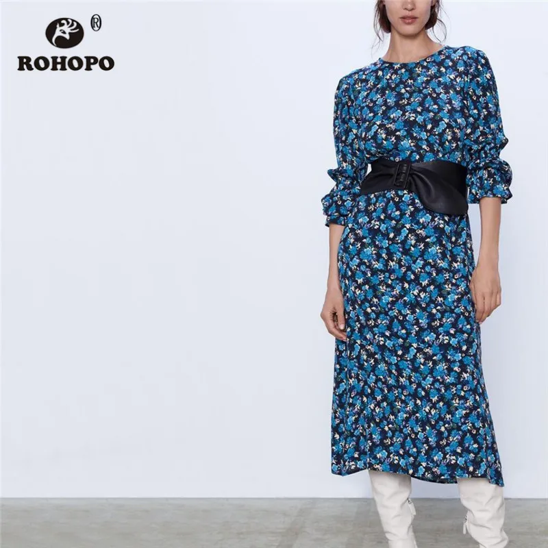 ROHOPO круглый воротник цветочное синее платье миди расклешенное с длинным рукавом