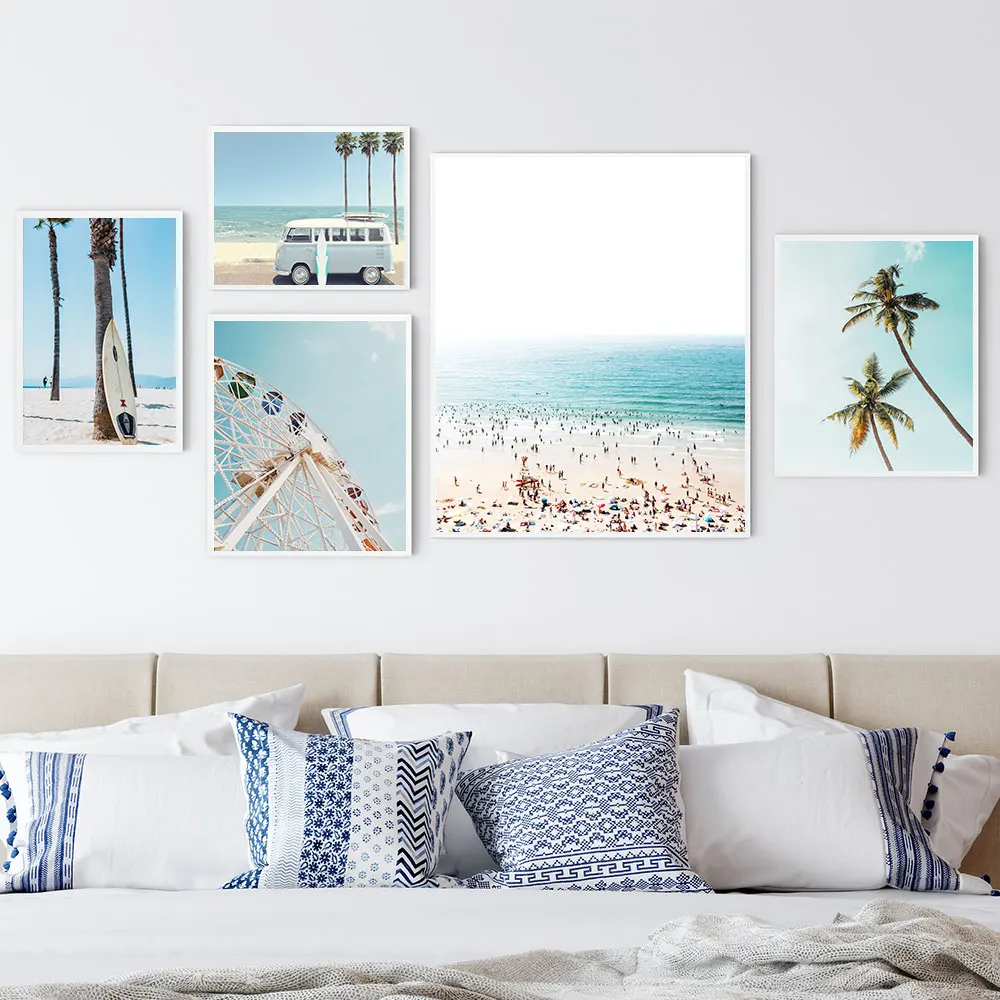 

California Beach Van Canvas Painting Ferris Wheel Print Decoration Pictures Tropical Palm Poster Pastel Color Wall Art Nordic