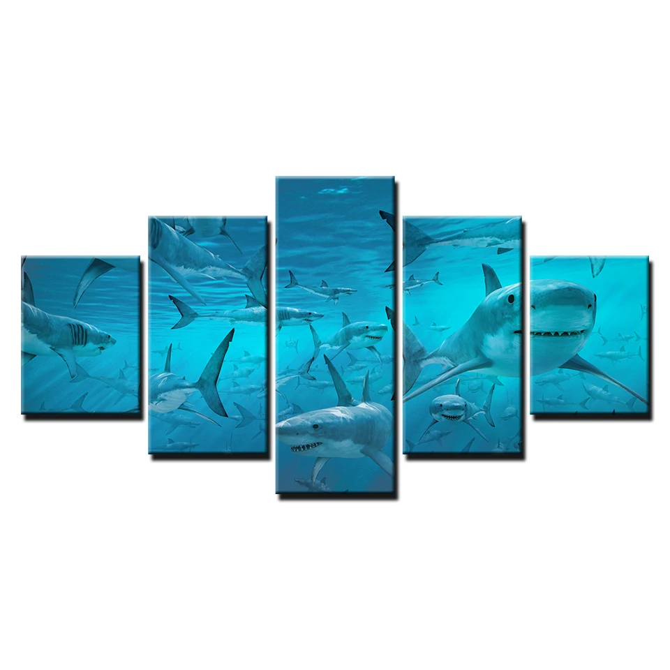 

5 Pieces Blue Sea Sharks Printed Canvas Painting Living Room Wall Art Abstract Animal Pictures No Frames