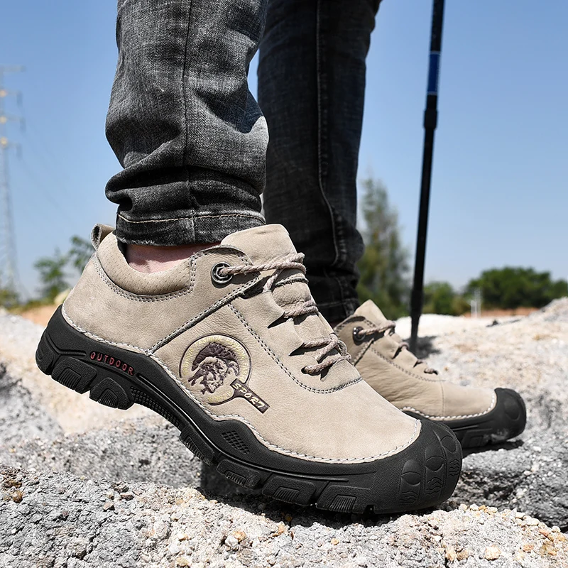 High Quality Genuine Leather Waterproof Hiking Shoes Men Outdoor Retro Casual Soft Sneakers Male Non-slip Camping Trekking Shoes
