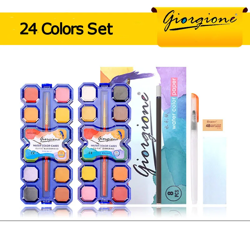 

Giorgione 12/24 Colors Solid Watercolor Pigment Painting Set With Water Brush Bright Colors Water Color Set School Art Supplies