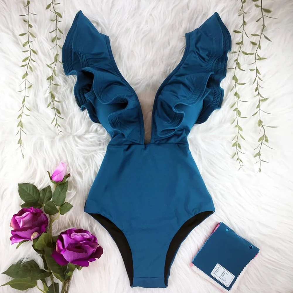 Сексуальный цельный купальник 2020 женский с v-образным вырезом однотонная пляжная