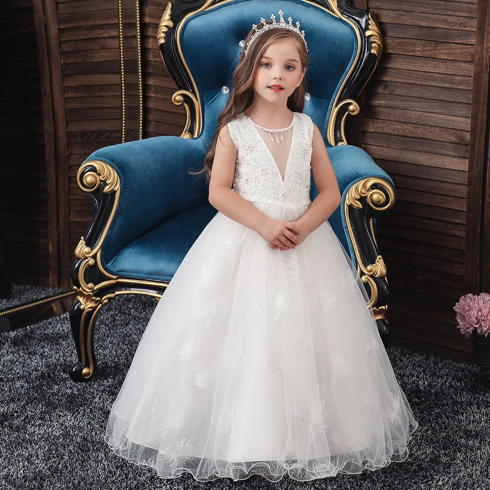 

Длинное белое свадебное платье для девочек, одежда подружки невесты, бальное платье принцессы с бисером и цветами, детское официальное плат...