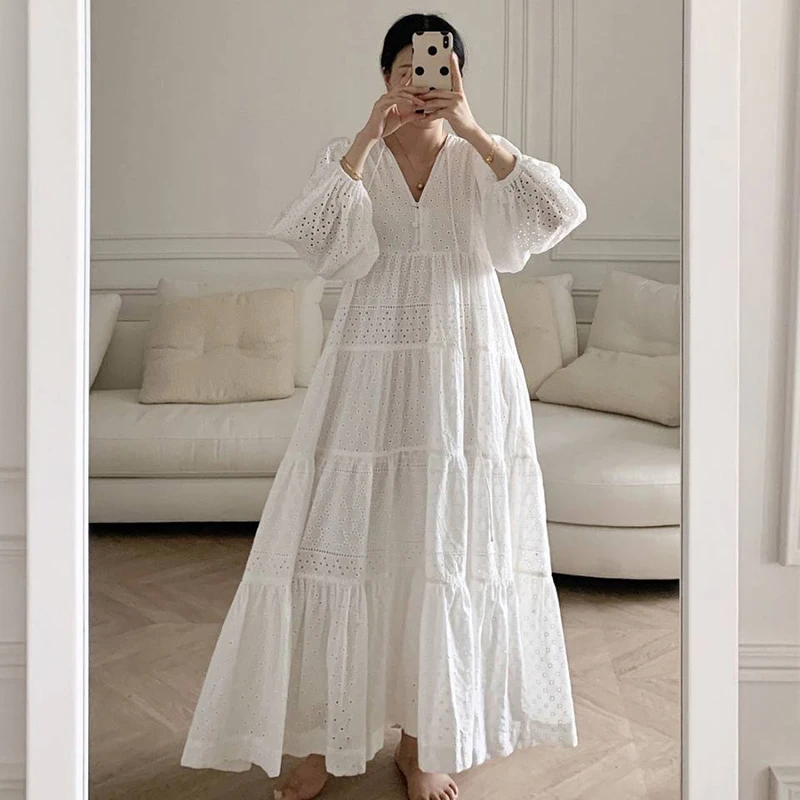 

2021 дизайнерское белое платье для ранней осени, модные повседневные праздничные длинные платья с вышивкой и рукавами-фонариками