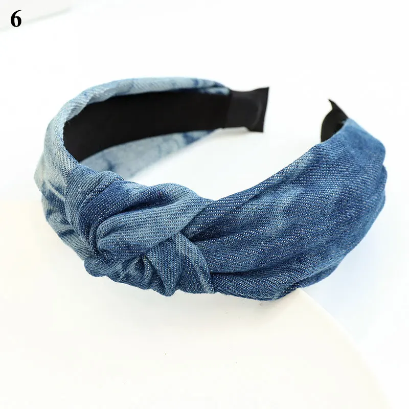 

Vintage Denim Fabric Knotted Head Hoop Tie-dye Cross Knot Wide Side Hair Hoop 1PC Women Grils Fashion Middle Knot Hairbands