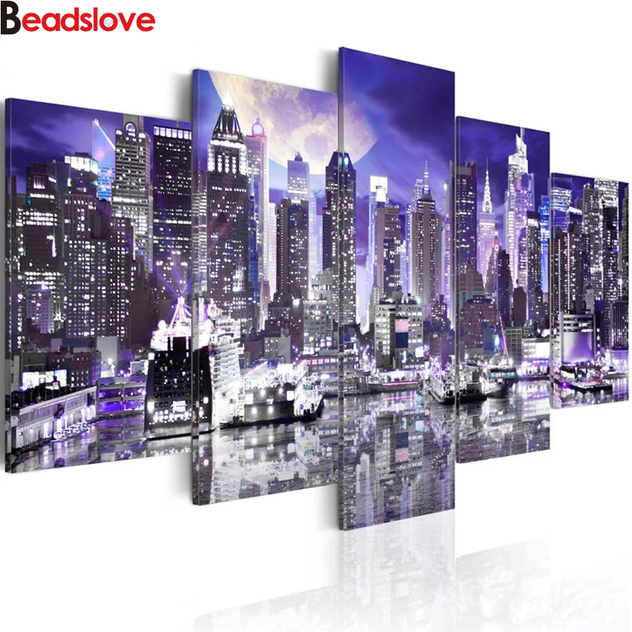 

Needlework DIY Diamond Embroidery 5Panel New York City Construction Scenery Diamond Painting Cross Stitch Full Rhinestone Mosaic