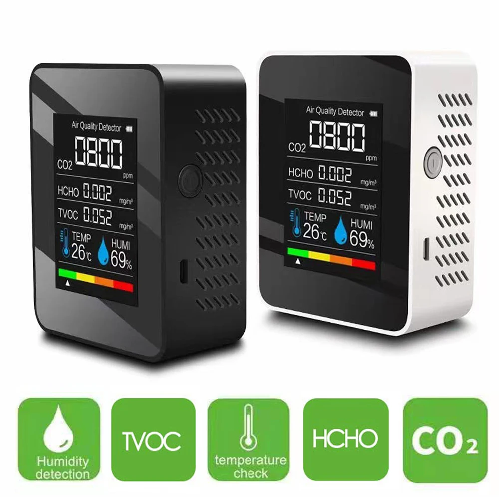 

Цифровой измеритель CO2, тестер 5 в 1, датчик температуры и влажности с ЖК-дисплеем, датчик углекислого газа, датчик качества воздуха, TVOC HCHO