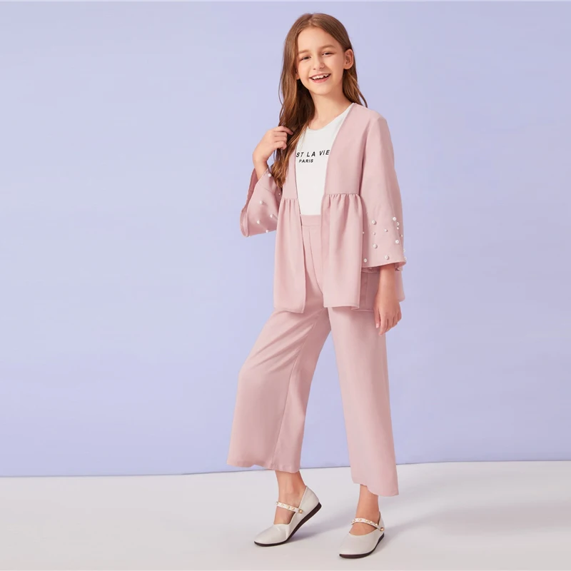 SHEIN Kiddie/розовое пальто с манжетами и широкими штанинами для девочек, комплект детской одежды г., Осенний повседневный костюм с длинными рукавами и оборками