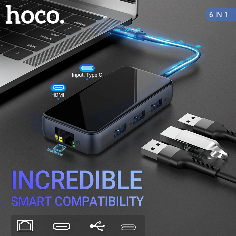 hoco USB C хаб Type на 3.0 4K HDMI Ethernet RJ45 PD2.0 67W алюминиевый адаптер сплиттер 5Gbps передача