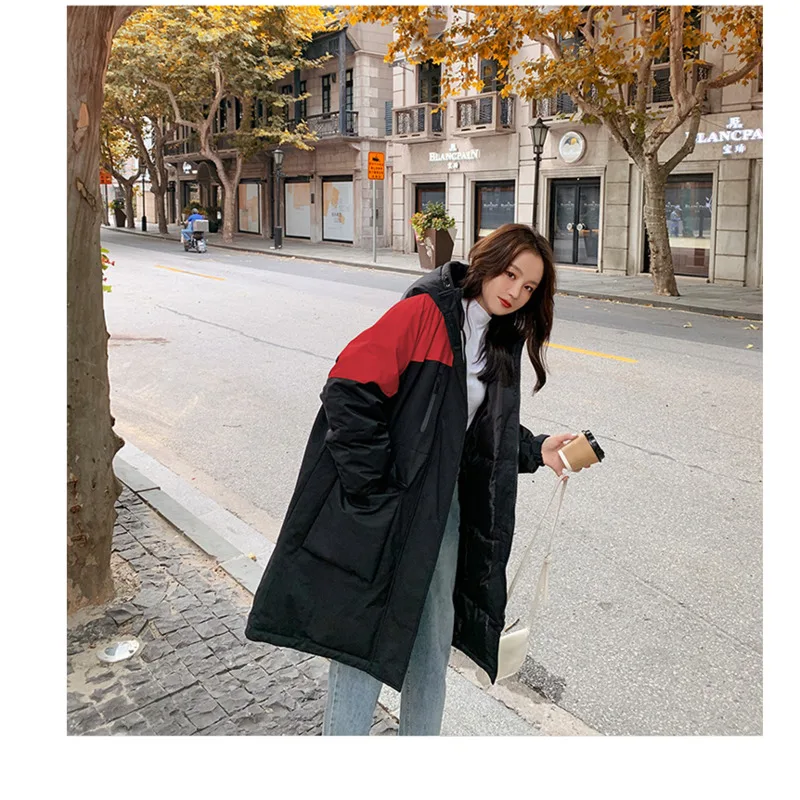 

2020 Winter Cotton-padded Jacket For Women Korea Loose Bf Long Warm Hooded Patchwork Coat Oversize Jacket Parka Large Outerwear