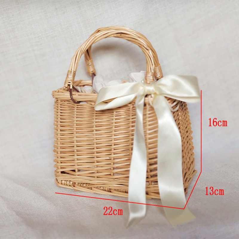 

Casual Rattan Small Square Bags Ladies Handmade Woven Top-handle Bag Lace Bow Tote Bag Women Summer Beach Ellipse Straw Bags New