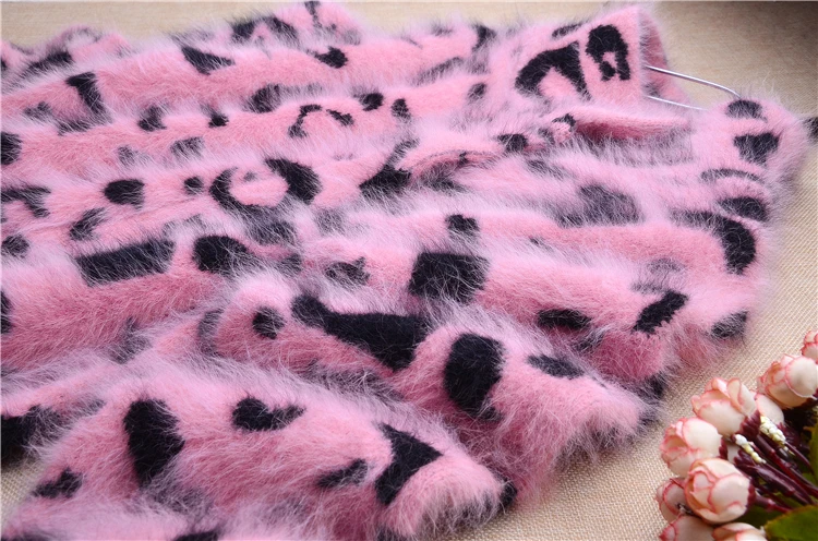 

elegant fashion medium long thick warm mink cashmere turtleneck knitted leopard print slim cardigans angora fur knitwear coat