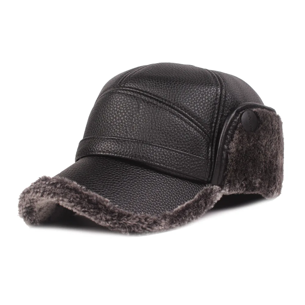 gray hat HanXi Winter Men Earflaps Baseball Cap Warm Leather Thicker Snapback Cap Men Father's Hats Ear Faux Fur Protection Casquette - Цвет: gray hat