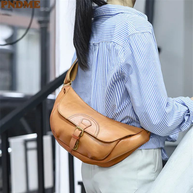 Купи PNDME fashion designer luxury genuine leather ladies chest bag diagonal bag casual natural real cowhide women's shoulder bag за 5,152 рублей в магазине AliExpress