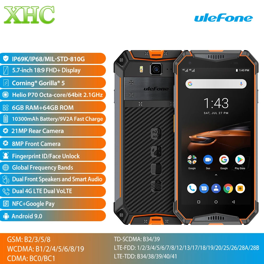 Ulefone Armor 3W 5,7 ''мобильный телефон Android 9,0 6 ГБ 64 Гб разблокировка отпечатков пальцев NFC OTG 21 МП Helio P70 Восьмиядерный двухsim-смартфон