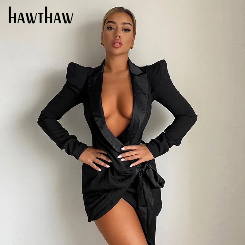 

Женское облегающее платье-мини Hawthaw, Осеннее черное платье с длинным рукавом и V-образным вырезом, одежда для офиса и улицы, 2021