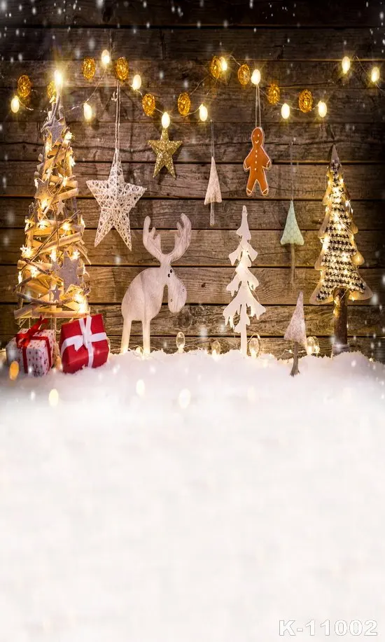 

Christmas Tree Wooden Board Snow Gift elk Light Photography Backgrounds Photo Backdrops Baby Portrait Photophone