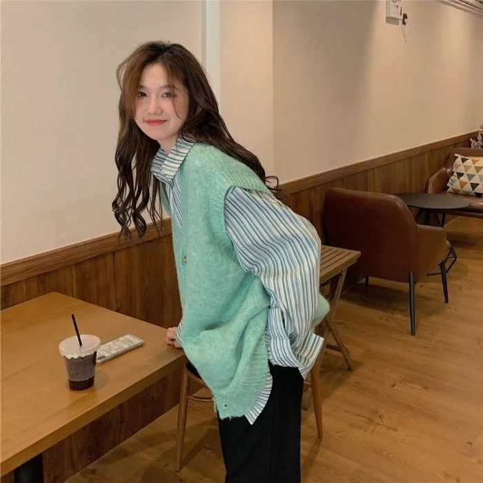 Зеленый вязаный кардиган верхнее пальто Женский Осенний складной жилет без