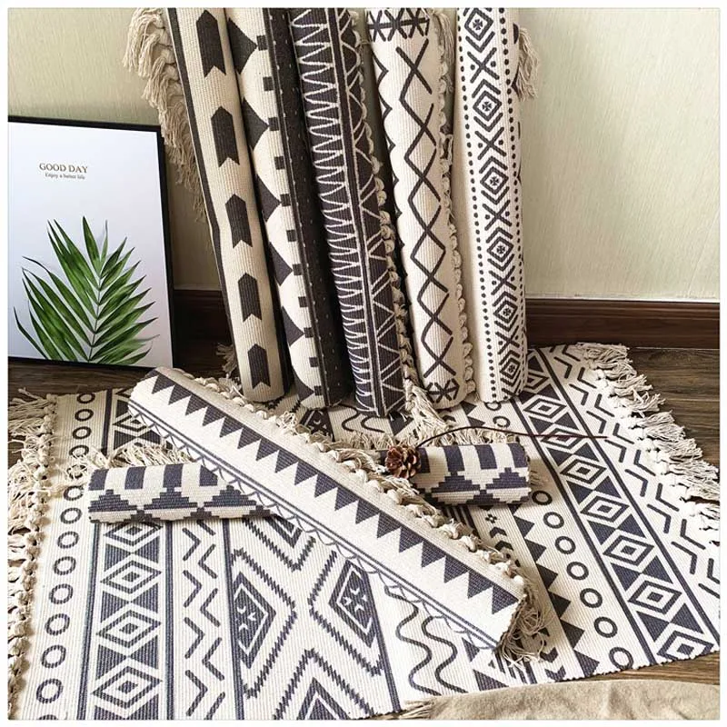 

2021 Bedroom Cotton Weave Carpet Entrance Rugs Bathroom Non-slip Foot Pad Simple Printed Living Room Decorative Prayer Mattress